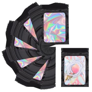 Imagem de Svaldo Sacos holográficos resseláveis, pacote com 100, sacos pretos seláveis para amostras de joias, pulseira de brilho labial, embalagem de doces, armazenamento de alimentos, 9,5 x 12 cm, 3 mm