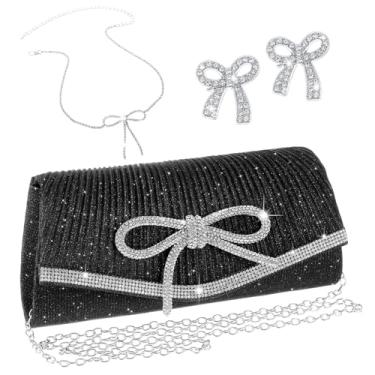 Imagem de Cutecrop Conjunto de 3 peças de joias para mulheres, bolsa de mão preta com laço de prata e strass, brincos, bolsa de mão com glitter, presente de festa de formatura