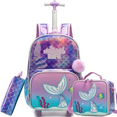 Imagem de ZBAOGTW Mochila de rodinhas para crianças com rodas, mochilas de viagem para crianças, 3 peças, mochila para meninas e meninos com lancheira, L - roxo sereia