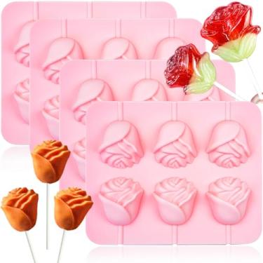 Imagem de Moldes de pirulito de flor de rosa 3D, 4 peças, 6 cavidades em forma de rosa, forma de pirulito, formas de chocolate com 30 palitos para decoração de cupcake de doces duros para o dia dos namorados,