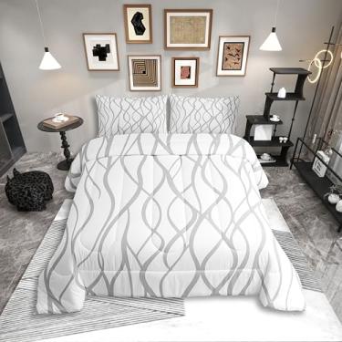 Imagem de Erosebridal Conjunto de edredom Queen, cinza e branco, geométrico, abstrato, moderno, para crianças, adolescentes e adultos, edredom listrado estético, linhas neutras estilo hotel, cinza, branco