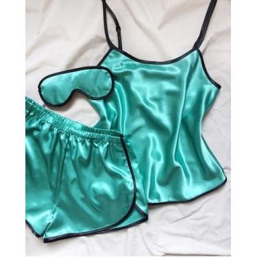 Imagem de Kit Pijama Short Doll cetim Toque de seda,  cor Verde + Mascara de Dor