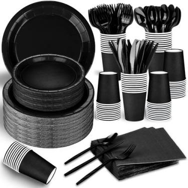 Imagem de Conjunto de artigos de festa TWOWYHI Black com pratos, copos e guardan