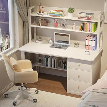 Imagem de Mesa com prateleiras de armazenamento e 3 gavetas, mesa de computador de estilo moderno e simples, mesa de estudo para escritório doméstico, branco, 47 polegadas