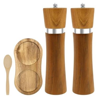 Imagem de Conjunto de 2 peças de moedores de sal e pimenta de madeira, 20,32 cm de espessura, ajustável, saleiro e pimenteiro com base e colher, moedores de cozinha recarregáveis para temperos e especiarias