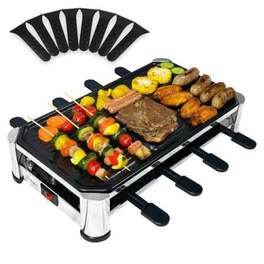 Imagem de TAMARIT Grelha Raclette para 8 pessoas, grelha elétrica para festa com placa antiaderente, 8 panelas e espátulas, 1500 W (interior), aço inoxidável