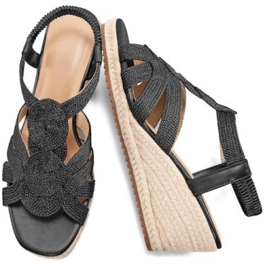 Imagem de HARENCE Sandálias de cunha para mulheres alpargatas: plataforma confortável com tira elástica no tornozelo, salto cunha, elegante, bico aberto, sapatos de casamento de verão, Preto, 34