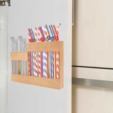 Imagem de Organizador de dispensador de palha reutilizável de madeira, suporte de canudo para porta de armário, armazenamento de palha para armário, suporte compacto de canudo longo e curto com adesivo lateral