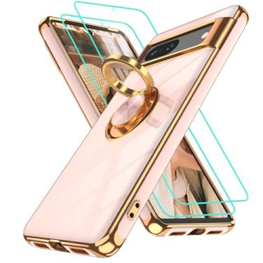 Imagem de Gritup Capa para Google Pixel 7 | 2 peças protetoras de tela | Suporte magnético de rotação de 360° | Revestimento dourado macio TPU protetor básico para celular Pixel 7 rosa