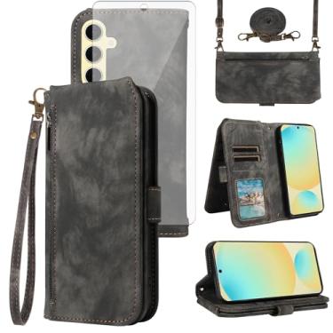 Imagem de Asuwish Capa de celular para Samsung Galaxy S24 FE 5G carteira celular com protetor de tela de vidro temperado alça transversal alça flip zíper compartimento para cartão de crédito S 24 EF AI S24FE