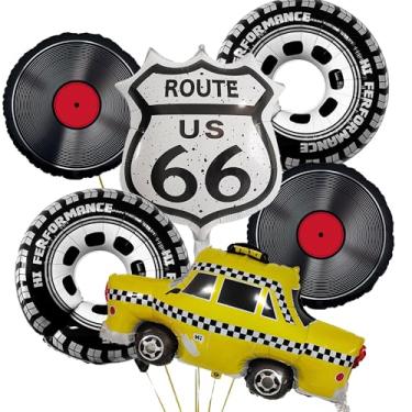 Imagem de TiAaihion Kit de balões de festa retrô Route 66 | Decorações de pneu de carro vintage para aniversário masculino, tema de jantar dos anos 50, suprimentos para rolo de rock