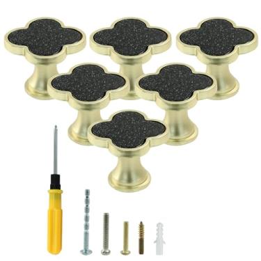 Imagem de BokWin Pacote com 6 maçanetas de gaveta de mesa de trevo de quatro folhas, maçaneta preta fofa de liga de zinco, puxador de orifício único, puxadores pequenos de armário (com parafusos de montagem)