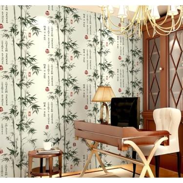 Imagem de ESSMOKO Papel de parede caligrafia e pintura de tinta de bambu papel de parede clássico chinês papel de parede sala de estar estudo sala de chá adesivo de fundo verde escuro