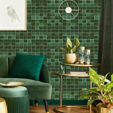 Imagem de ESSMOKO Papel de parede estilo mediterrâneo PVC autoadesivo à prova d'água para sala de estar, quarto, entrada, dormitório, loja, armário adesivos de renovação verde escuro estilo azulejo 40 * 300 cm