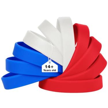 Imagem de LVNRIDS 50 pulseiras de silicone pulseiras de borracha de 20 cm para adultos azul/vermelho/branco, pulseiras de silicone multicoloridas para negócios, escola, atividades, festas, festivais de música