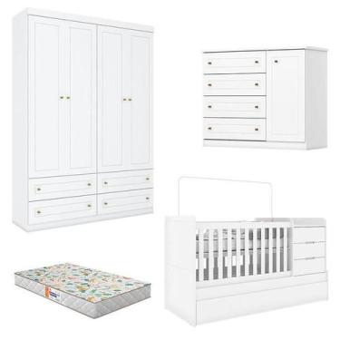 Imagem de Quarto Infantil 4 Portas Americano com Berço Multifuncional Cleo Branc