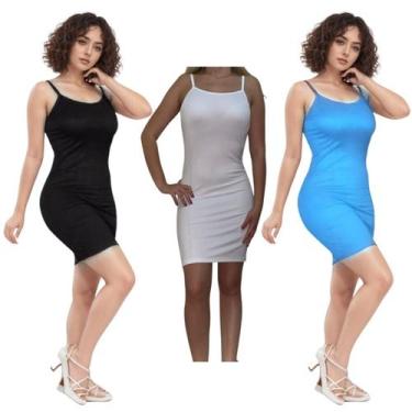Imagem de KIT C/3 Vestidos Alcinha Canelado - Emporio J, Preto, Branco, Azul bb,