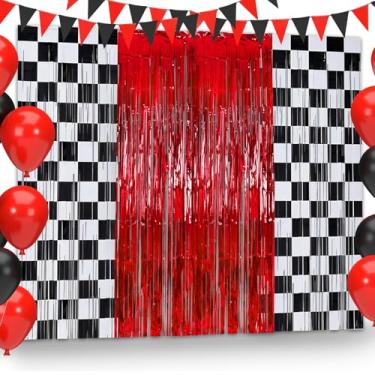 Imagem de JarThenaAMCS 3 peças de cortina de franja de carros de corrida vermelha, preta, branca, quadriculada, adereços de cabine fotográfica, conjunto de cortina de flâmula para decoração de um cara feliz de