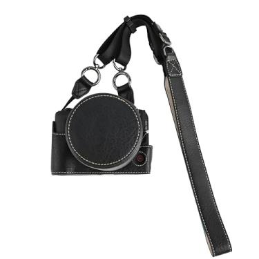 Imagem de Capa R50 V, capa BMAOLLONGB feita à mão de couro PU meia câmera versão abertura inferior para Canon Eos R50 V R50V com alça de pescoço capa para lente (preto)