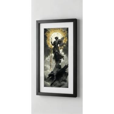 Imagem de Quadro Decorativo O Triunfo Celestial, Arte Fantástica em Preto e Dourado, Moldura Preta com Paspatur Branco, Estilo Contemporâneo, para Sala e Escritório