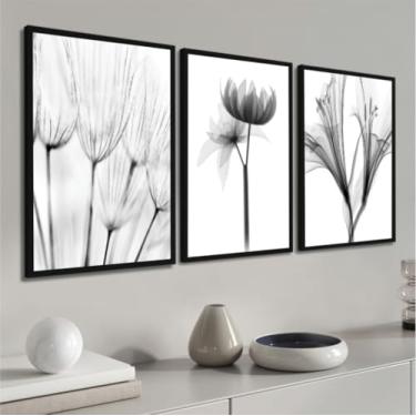 Imagem de Kit 3 Quadros Decorativos Flores Preto e Branco Folhagem Sala Moderna Quarto Casal Corredor Com Moldura