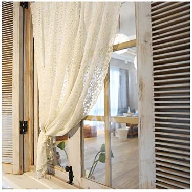 Imagem de Cortina de renda floral sólida para café, bolso de varão cortina curta rústica de cozinha com contas para banheiro, quarto, sala de estar, bege (tamanho: LxA 120 x 60 cm/47 x 24 pol)