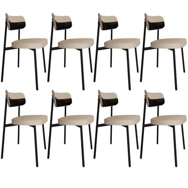 Imagem de Kit 08 Cadeiras Estofada Para Sala de Jantar Astrid Preto C01 Linho Areia Courino Preto - Lyam Decor