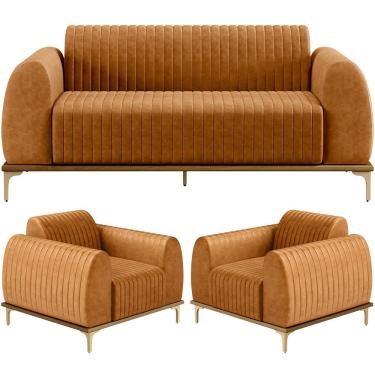 Imagem de Kit Sofá 3 Lugares 180cm com 02 Poltronas Molino Base Castanho Pés D'ouro D02 Couríssimo Whisky B-90 - Lyam Decor