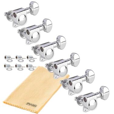 Imagem de Grover 406C6 Afinadores de guitarra rotomatica de bloqueio, conjunto de máquinas de afinação em linha 18:1 cromadas tamanho médio "mini" teclas de afinação com pano polido Tonebird Dunlop Pacote de 6