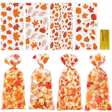 Imagem de Sacos de guloseimas de celofane de outono de Ação de Graças - 50 peças de plástico outono outono folha de bordo sacos de doces com laços torcidos para brindes de festa de Ação de Graças e presentes de