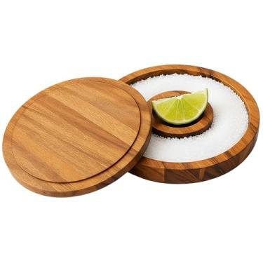 Imagem de OVENTE Margarita Sal e Açúcar Rimmer com tampa, vidro de madeira de acácia para coquetéis, recipiente de sal sem bagunça, ferramenta de barman para revestimento de mojito, Bloody Mary e mais, marrom