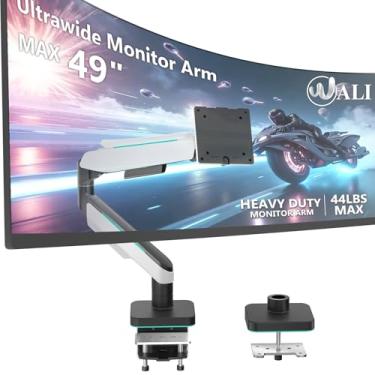 Imagem de WALI Braço de monitor resistente, suporte de monitor para tela de até 124 cm, 20 kg, suporte de computador ultra amplo de alumínio para Samsung Odyssey G9, ajustável, orifícios de montagem 75 e 100