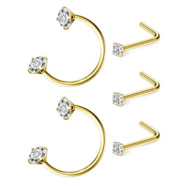 Imagem de Hoeudjo Anel de nariz em ferradura 18G de aço cirúrgico, argolas de nariz para mulheres, brincos de nariz de cristal transparente de 2 mm, joia de piercing corporal para mulheres e homens, Metal