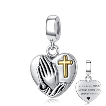 Imagem de LuxglitterLin Pingente de coração com mãos rezando e cruz dourada gravada com pingente de contas religiosas compatível com pulseiras Pandora, Cobre, Sem Pedra Preciosa