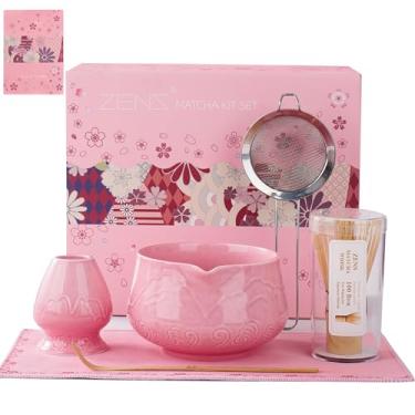 Imagem de ZENS Conjunto de batedor Matcha, conjunto matcha de cerâmica rosa de 500 ml inclui tigela Matcha, batedor de bambu e suporte de chasen, peneira, colher e toalha de chá, 6 peças de kit Matcha para