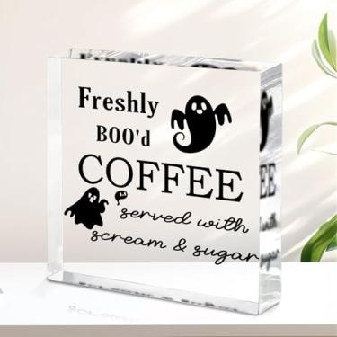 Imagem de Placa acrílica assustadora de café recém-fabricado - decoração de bar de café de Halloween, placa de cozinha bruxa, arte de parede de café boo-tiful, decoração de cozinha engraçada de Halloween para