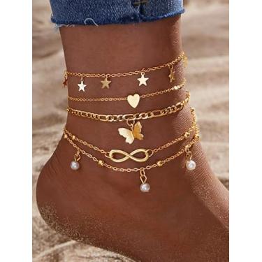 Imagem de Tornozeleiras com estrela de coração infinito e borboleta, banhado a ouro, vintage, tornozelo, boho, chique, retrô, corrente para os pés, verão, férias, praia, sexy, joia descalça, dia dos namorados