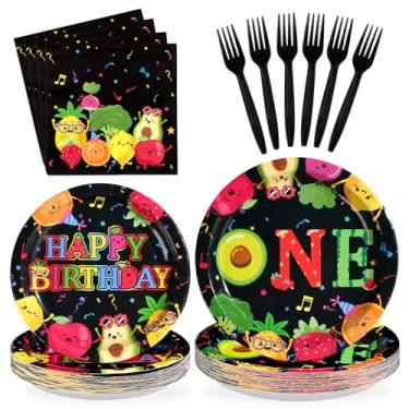 Imagem de Greencian Conjunto de pratos e guardanapos para decoração de frutas de 1º aniversário, 96 peças, pratos e guardanapos pretos para chá de bebê, celebrações temáticas de verão, serve 24