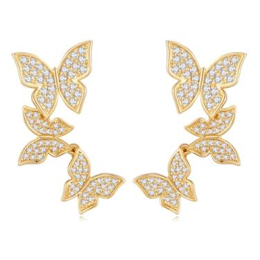 Imagem de AOLIMI Brincos de borboleta banhados a ouro 14K para mulheres, brincos modernos de zircônia cúbica e borboleta, Medium, Cobre, Sem pedra preciosa