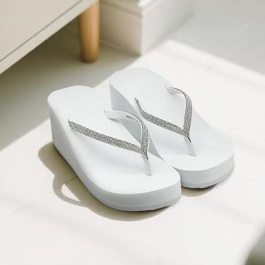 Imagem de Sandálias femininas com strass, chinelos, plataforma, chinelos de cunha, sapatos de casamento, praia, caminhada, salto, tanga para mulheres, elegantes, Branco, 40