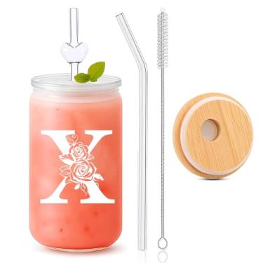 Imagem de DAMCONME Copos personalizados para mulheres – Copo de vidro monograma de 473 ml com tampa e canudo – Copos personalizados com nomes, presente de aniversário personalizado para ela, colega de trabalho