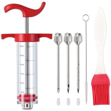 Imagem de Conjunto de seringas injetoras de peru para temperos, injetores de carne de plástico para churrasqueira, kit injetor de marinada com 3 agulhas de seringa de aço inoxidável, vermelho, 30 ml