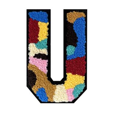 Imagem de 1 peça de 11,4 cm colorido camuflagem chenille patch com borda preta Camuflagem divertida ferro em letras para jaquetas e mochilas, adesivos modernos do alfabeto para bricolage, moda e presentes (U)