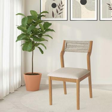 Imagem de Cadeira De Jantar Lagum Conforto Estofada Jequitibá Natural Linho Bege E Corda Náutica