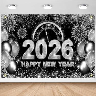 Imagem de Avezano Pano de fundo de feliz ano novo 2026 faixa de decoração de festa de ano novo preto e prata faixa de feliz véspera de ano novo balões com glitter pano de fundo de ano novo (preto e prata, 2,1 x
