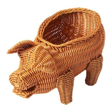 Imagem de Baoblaze Cesta de frutas trançada, organizador de pão, porta-vegetais reutilizável, utensílio para servir alimentos em imitação de rattan, ideal para chás da, em Forma de Porco