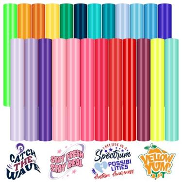 Imagem de HTVRONT Vinil de transferência de calor brilhante, pacote com 25 de vinil de 30,5 x 25,4 cm para camisetas, 24 vinil HTV multicolorido sortido para todas as máquinas de corte, fácil de cortar e