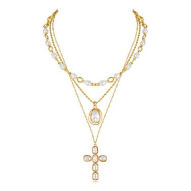 Imagem de ENSKEFEN Conjunto de 3 colares de cruz de pérola para mulheres, empilhável, vintage, gargantilha de pérola, pingente de cruz, moda colar de corrente de ouro