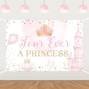 Imagem de Pano de fundo Four Ever a Princess, decoração de festa de aniversário de princesa 4 anos coroa castelo fotografia fundo para meninas fadas 4 anos de idade artigos para festa de aniversário 5 × 3 pés