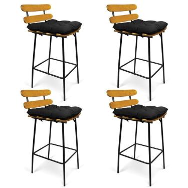 Imagem de Kit 04 Banquetas Costela Suede Preto Base Metal